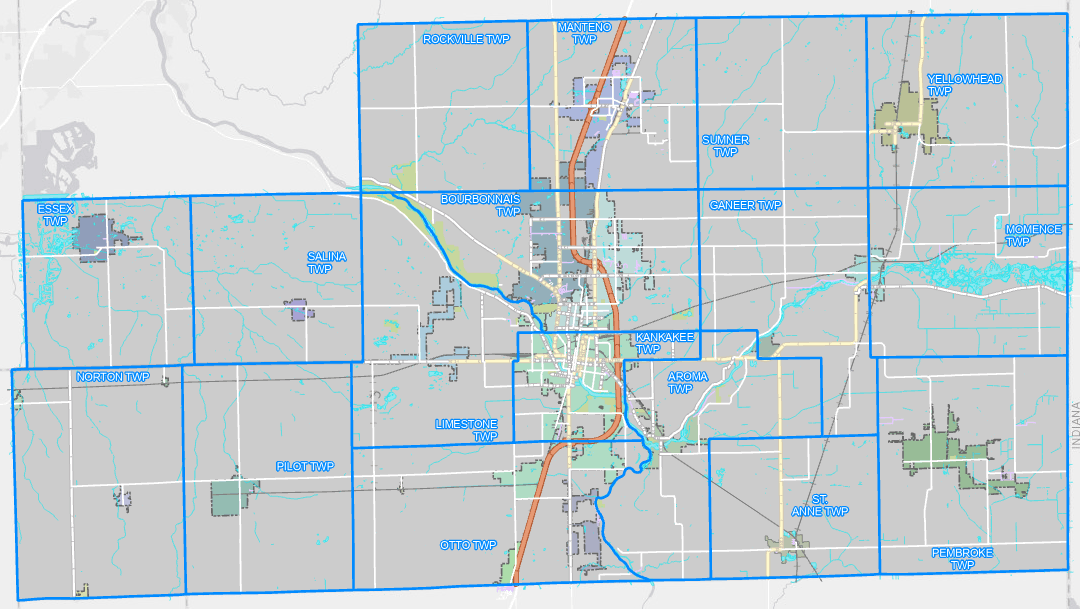 Image of and link to the K3 Mapper Web Map zoomed out to the boundaries of Kankakee County.